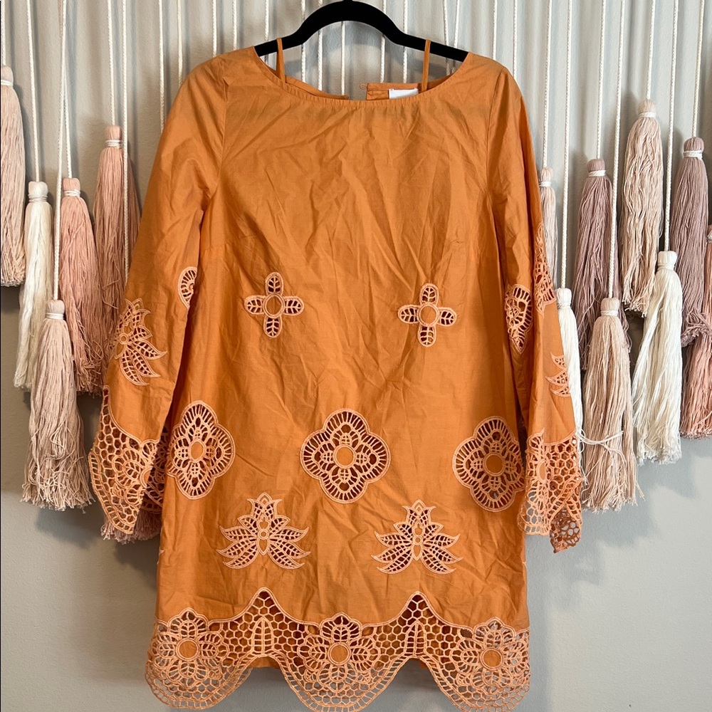 Misa Los Angeles Orange Eyelet Scalloped Tunic Dress size xs NWT